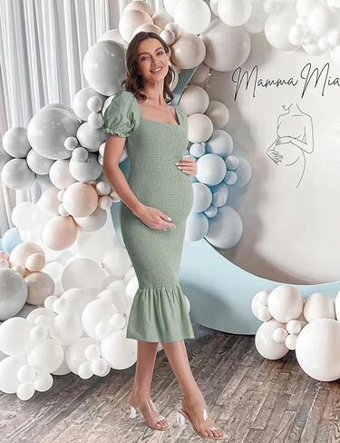 فساتين Bodycon صيفية للحوامل، فستان استحمام للأطفال بأكمام منتفخة ورقبة مربعة مكشكشة in Kuwait