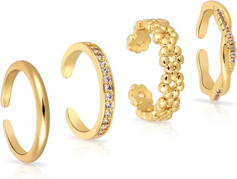 4pcs Adjustable Toe Rings for Women, 4 Styles Non-Tarnish Diamond Flower Plain Open Toe Ring Beach Foot Jewelry for Women in Saudi Arabia