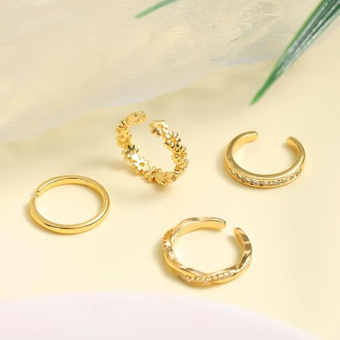 4pcs Adjustable Toe Rings for Women, 4 Styles Non-Tarnish Diamond Flower Plain Open Toe Ring Beach Foot Jewelry for Women in Saudi Arabia