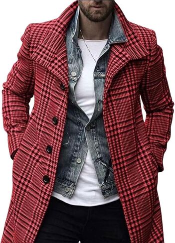 utcoco Men's Plaid Trench Coat Lapel Single Breasted Peacoat 2024 Fall Winter Overcoat With Pockets in Kuwait