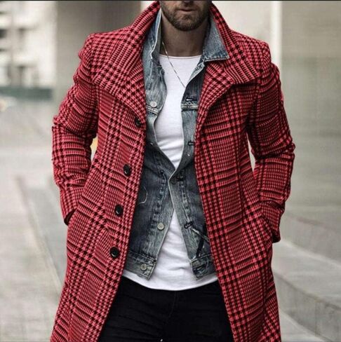 utcoco Men's Plaid Trench Coat Lapel Single Breasted Peacoat 2024 Fall Winter Overcoat With Pockets in Kuwait