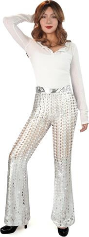 Nawgut Sequin Flare Pants Sparkly Glitter Bell Bottom High Waisted Hollow Trousers Party Clubwear for Women in Kuwait