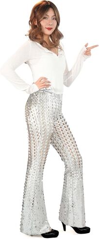 Nawgut Sequin Flare Pants Sparkly Glitter Bell Bottom High Waisted Hollow Trousers Party Clubwear for Women in Kuwait