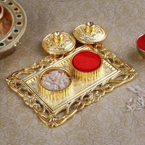 Golden Decorative Designer Roli Chawal/Rice Holder, Kumkum Haldi Holder Rakhi Pooja Thali Indian Festival Diwali Pujan Mandir Tika Roli Plate (Rectangle Shape) in Kuwait