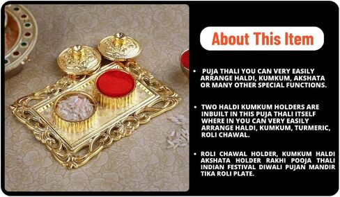 Golden Decorative Designer Roli Chawal/Rice Holder, Kumkum Haldi Holder Rakhi Pooja Thali Indian Festival Diwali Pujan Mandir Tika Roli Plate (Rectangle Shape) in Kuwait