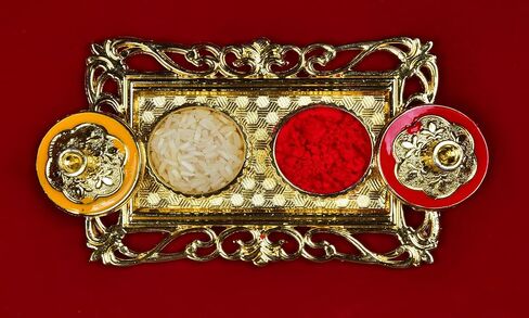 Golden Decorative Designer Roli Chawal/Rice Holder, Kumkum Haldi Holder Rakhi Pooja Thali Indian Festival Diwali Pujan Mandir Tika Roli Plate (Rectangle Shape) in Kuwait