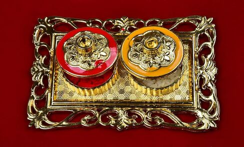 Golden Decorative Designer Roli Chawal/Rice Holder, Kumkum Haldi Holder Rakhi Pooja Thali Indian Festival Diwali Pujan Mandir Tika Roli Plate (Rectangle Shape) in Kuwait