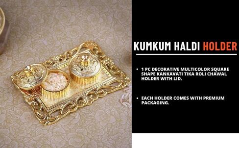 Golden Decorative Designer Roli Chawal/Rice Holder, Kumkum Haldi Holder Rakhi Pooja Thali Indian Festival Diwali Pujan Mandir Tika Roli Plate (Rectangle Shape) in Kuwait
