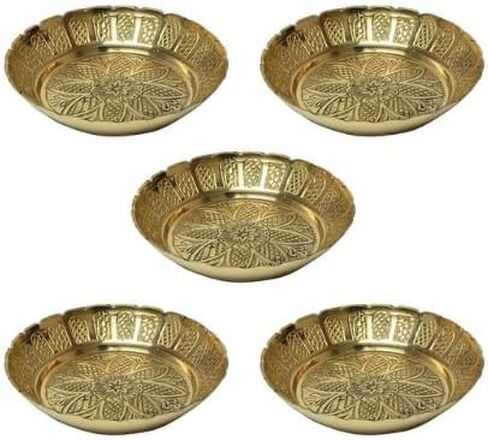 Aditri Creation Set of 5 Nakshi Plate, Decorative Brass Indian Prasad Plate Katori for Indian Traditional Pooja Utensils Item Articles Housewarming (Size:- 3" Diameter) Patra (Katori) Colour-Golden in Saudi Arabia