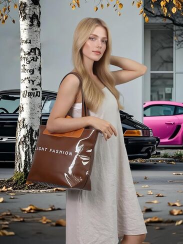 Large PVC Tote Bag Women's Letters Print Kraft Paper Carry All Bag Top Handle Clear Hobo Handbag in Kuwait