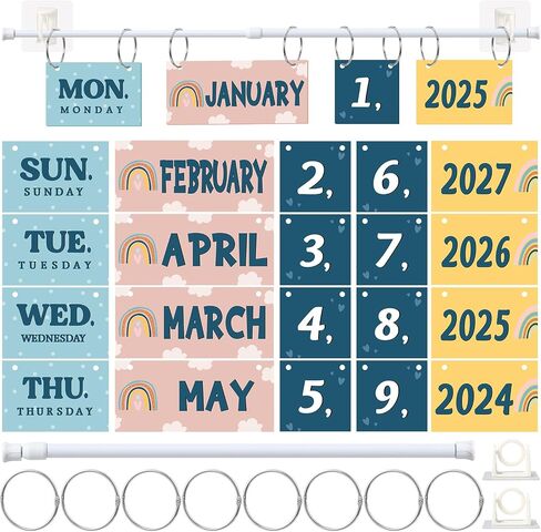 Containlol Boho Calendar Bulletin Board Set Flip Calendar Rainbow Classroom Decor with 54 Bohemian Calendar Cards Month Number Year Flip Calendar Rod O-rings for Back to School Class Teacher Supplies in Saudi Arabia