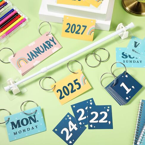 Containlol Boho Calendar Bulletin Board Set Flip Calendar Rainbow Classroom Decor with 54 Bohemian Calendar Cards Month Number Year Flip Calendar Rod O-rings for Back to School Class Teacher Supplies in Saudi Arabia