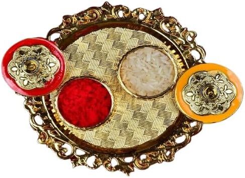 Golden Decorative Designer Roli Chawal/Rice Holder, Kumkum Haldi Holder Rakhi Pooja Thali Indian Festival Diwali Pujan Mandir Tika Roli Plate (Rectangle Shape) in Kuwait