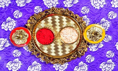 Golden Decorative Designer Roli Chawal/Rice Holder, Kumkum Haldi Holder Rakhi Pooja Thali Indian Festival Diwali Pujan Mandir Tika Roli Plate (Rectangle Shape) in Kuwait