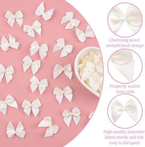 WANDIC Decorative Polyester Bow with Pearl, 100 Pcs Pink Mini Satin Ribbon Bowknot Twist Tie Bows Premade Bows for Wedding Favors Decor Gift Wrap DIY Craft in Saudi Arabia