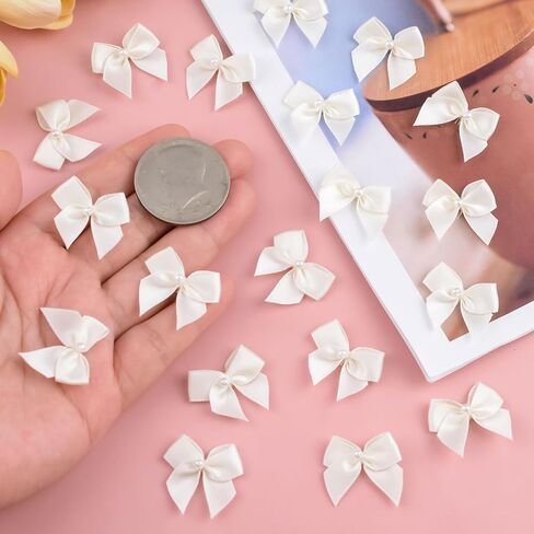 WANDIC Decorative Polyester Bow with Pearl, 100 Pcs Pink Mini Satin Ribbon Bowknot Twist Tie Bows Premade Bows for Wedding Favors Decor Gift Wrap DIY Craft in Saudi Arabia