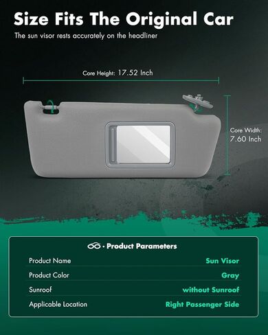 SCITOO Right Passenger Side Gray Sun Visor Assembly fit for 2005-2014 for Toyota Tacoma Windshield Visor Without Sunroof in Kuwait