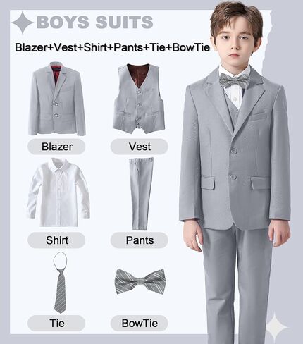 Boys Suits 6 Piece Slim Fit Kids Tuxedo Suit for Toddler Wedding Ring Bearer Outfit for Boy Jacket Vest Pants Shirts with Tie in Kuwait