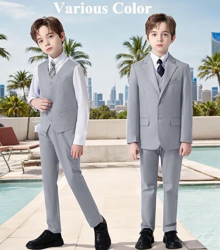 Boys Suits 6 Piece Slim Fit Kids Tuxedo Suit for Toddler Wedding Ring Bearer Outfit for Boy Jacket Vest Pants Shirts with Tie in Kuwait