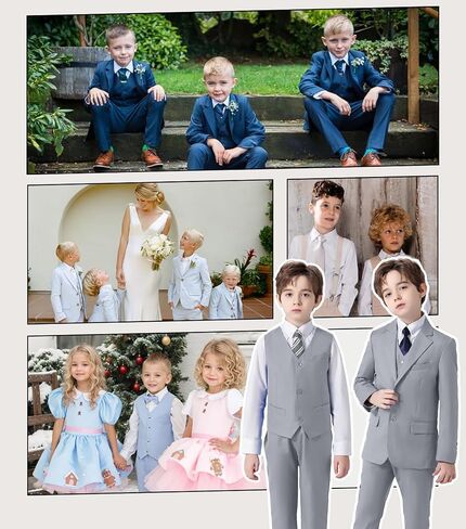 Boys Suits 6 Piece Slim Fit Kids Tuxedo Suit for Toddler Wedding Ring Bearer Outfit for Boy Jacket Vest Pants Shirts with Tie in Kuwait