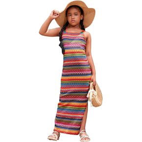 Girl's Summer Dress Boho Striped Sleeveless Tank Dress Square Neck Split Thigh Long Maxi Dress in Kuwait