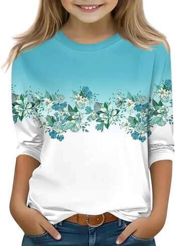 Cute Tops for Girls Summer 3/4 Sleeve Round Neck Cute Going Out Outfits Floral Print Half Sleeve Outfits 3-14 Years in Saudi Arabia
