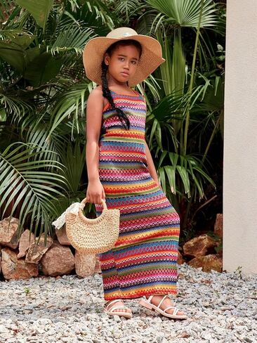 Girl's Summer Dress Boho Striped Sleeveless Tank Dress Square Neck Split Thigh Long Maxi Dress in Kuwait