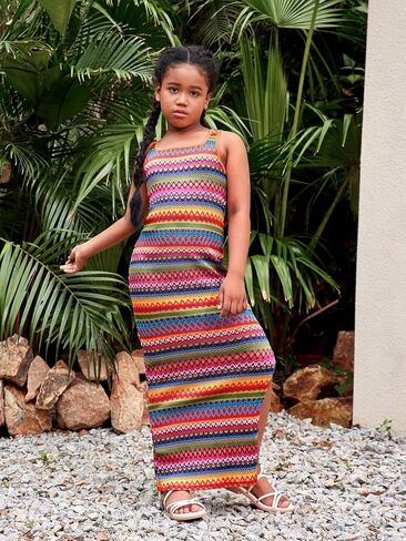 Girl's Summer Dress Boho Striped Sleeveless Tank Dress Square Neck Split Thigh Long Maxi Dress in Kuwait