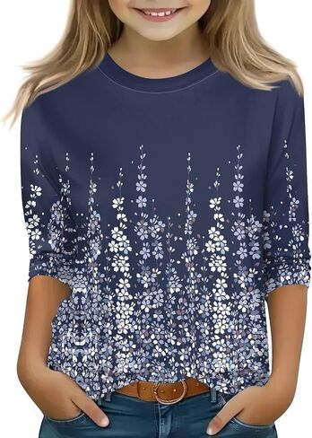 Cute Tops for Girls Summer 3/4 Sleeve Round Neck Cute Going Out Outfits Floral Print Half Sleeve Outfits 3-14 Years in Saudi Arabia