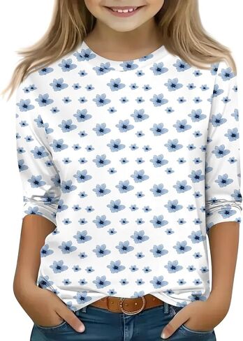 Cute Tops for Girls Summer 3/4 Sleeve Round Neck Cute Going Out Outfits Floral Print Half Sleeve Outfits 3-14 Years in Saudi Arabia