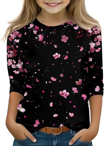 Cute Tops for Girls Summer 3/4 Sleeve Round Neck Cute Going Out Outfits Floral Print Half Sleeve Outfits 3-14 Years in Saudi Arabia