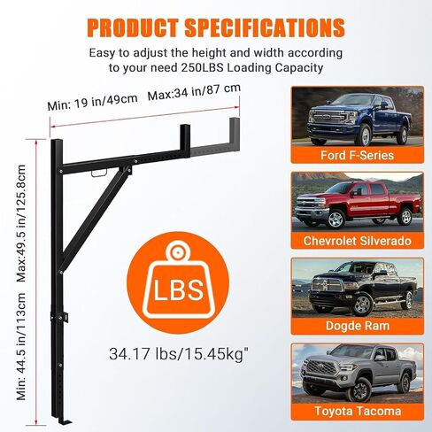 Truck Rack, 19-34 in Extendable Truck Ladder Rack, 44.5-49.5" Adjustable Height, 250 lbs Capacity Steel Ladder Rack for Truck, Heavy Duty Truck Bed Rack for Kayak, Surfboard, Lumber, Ladder in Kuwait