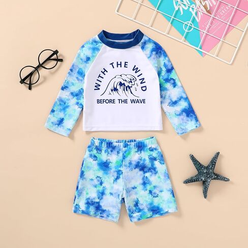 Happy Town Toddler Boys Swimsuits Trunk Rashguard Long Sleeve Swim Shirt Two Pieces Bathing Suits Surfing Suit Swimwear Beach Summer Outfits Clothes(Yummy，Excited Shark,12-18 Months) in Saudi Arabia