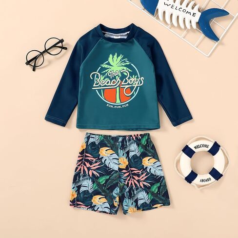 Happy Town Toddler Boys Swimsuits Trunk Rashguard Long Sleeve Swim Shirt Two Pieces Bathing Suits Surfing Suit Swimwear Beach Summer Outfits Clothes(Yummy，Excited Shark,12-18 Months) in Kuwait