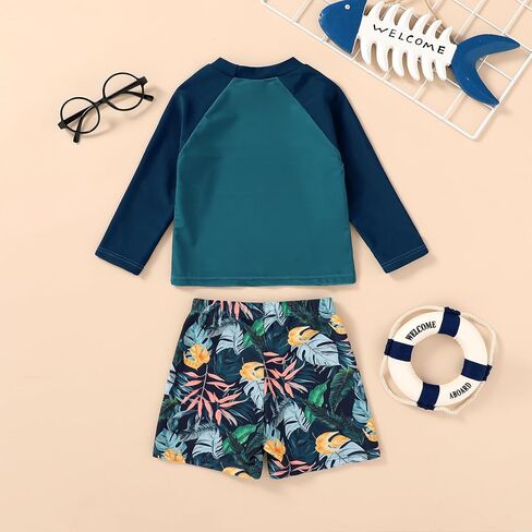 Happy Town Toddler Boys Swimsuits Trunk Rashguard Long Sleeve Swim Shirt Two Pieces Bathing Suits Surfing Suit Swimwear Beach Summer Outfits Clothes(Yummy，Excited Shark,12-18 Months) in Kuwait
