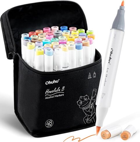 Ohuhu Alcohol Brush Markers 48 Mid-tone Colors- Double Tipped Alcohol Based Art Marker Set for Artists Adults Coloring Sketch Illustration- Brush & Chisel Dual Tips- Honolulu- Refillable in Saudi Arabia