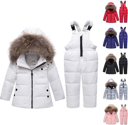 Kids 2 Piece Snowsuit Set Boys Girls Ski Suit Winter Hooded Puffer Jacket and Snow 𝐁ib Toddler Baby Down Coat Pants in Saudi Arabia