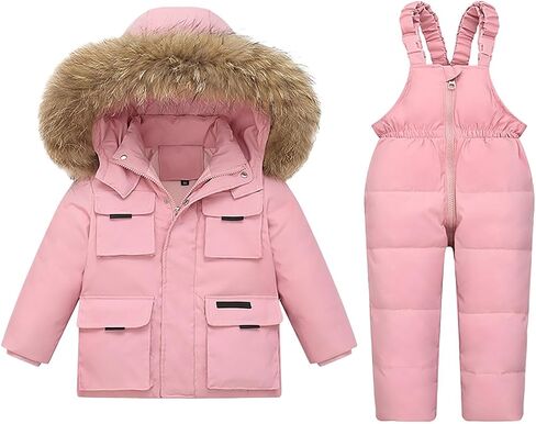 Kids 2 Piece Snowsuit Set Boys Girls Ski Suit Winter Hooded Puffer Jacket and Snow 𝐁ib Toddler Baby Down Coat Pants in Saudi Arabia