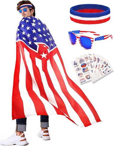 Cape American Flag Case ، نظارة شمسية ، عصابة رأس وملصقات الوشم الوطنية المحددة ليوم الاستقلال الرابع من يوليو in Kuwait