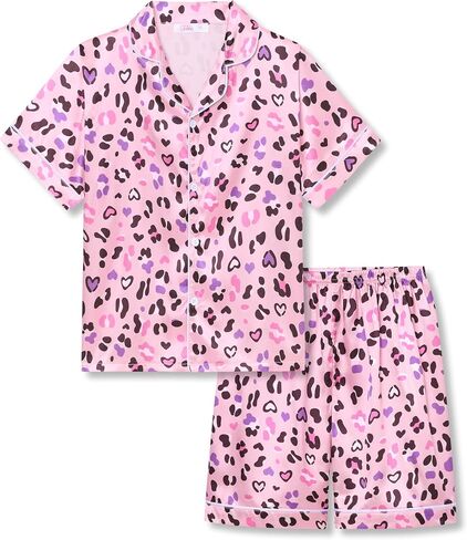 Tebbis Girls Satin Pajamas Set, 2-Piece Short Sleeve Button-Down PJs Cute Printed Silky Sleepwear for Kids Size 6-16 in Kuwait
