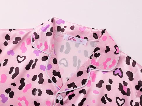 Tebbis Girls Satin Pajamas Set, 2-Piece Short Sleeve Button-Down PJs Cute Printed Silky Sleepwear for Kids Size 6-16 in Kuwait