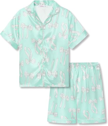 Tebbis Satin Pajamas for Girls-Cute Pink Silky Short-Sleeved Set with Adorable Puppy Prints Size 6/7-16 in Saudi Arabia