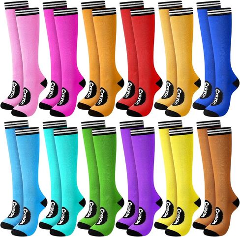 Suhine 12pcs Crayon Socks Bulk Group Family Halloween Costumes for Adults Colorful Striped High Neon Socks for Women Teacher in Saudi Arabia