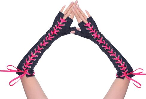 Women's Satin Lace Up Fingerless Gloves Solid Color Elbow Length Cover Punk Arm Warmers for Party in Saudi Arabia