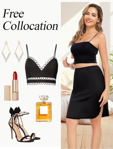 Lovasy Half Slips for Women Silk Underskirt Anti-Static Mini Mini Skirt مع فستان ساتان من الدانتيل الزهري للتنورة in Kuwait