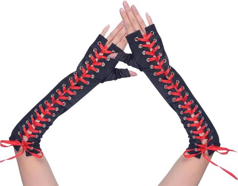 Women's Satin Lace Up Fingerless Gloves Solid Color Elbow Length Cover Punk Arm Warmers for Party in Saudi Arabia
