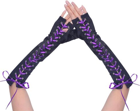 Women's Satin Lace Up Fingerless Gloves Solid Color Elbow Length Cover Punk Arm Warmers for Party in Saudi Arabia