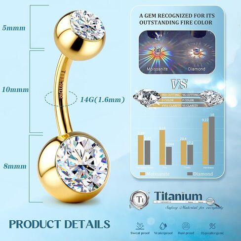 Moissanite ＆ G23 TItanium Belly Button Ring 18K Gold Plated Hypoallergenic Internally Threaded Belly Rings 14G Navel Piercing Jewelry For Women Men D Color VVS1 Clarity Brilliant Cut in Saudi Arabia