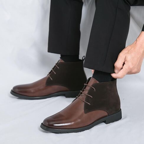 Men'S Splicing Leather Lace Up Low Heel Dress Chukka Ankle Boots Classic Fashion Comfortable Non-Slip Chunky Heel Causal Oxford Booties For Business Work Driving in Kuwait