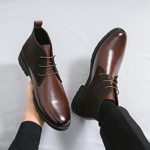 Men'S Splicing Leather Lace Up Low Heel Dress Chukka Ankle Boots Classic Fashion Comfortable Non-Slip Chunky Heel Causal Oxford Booties For Business Work Driving in Kuwait